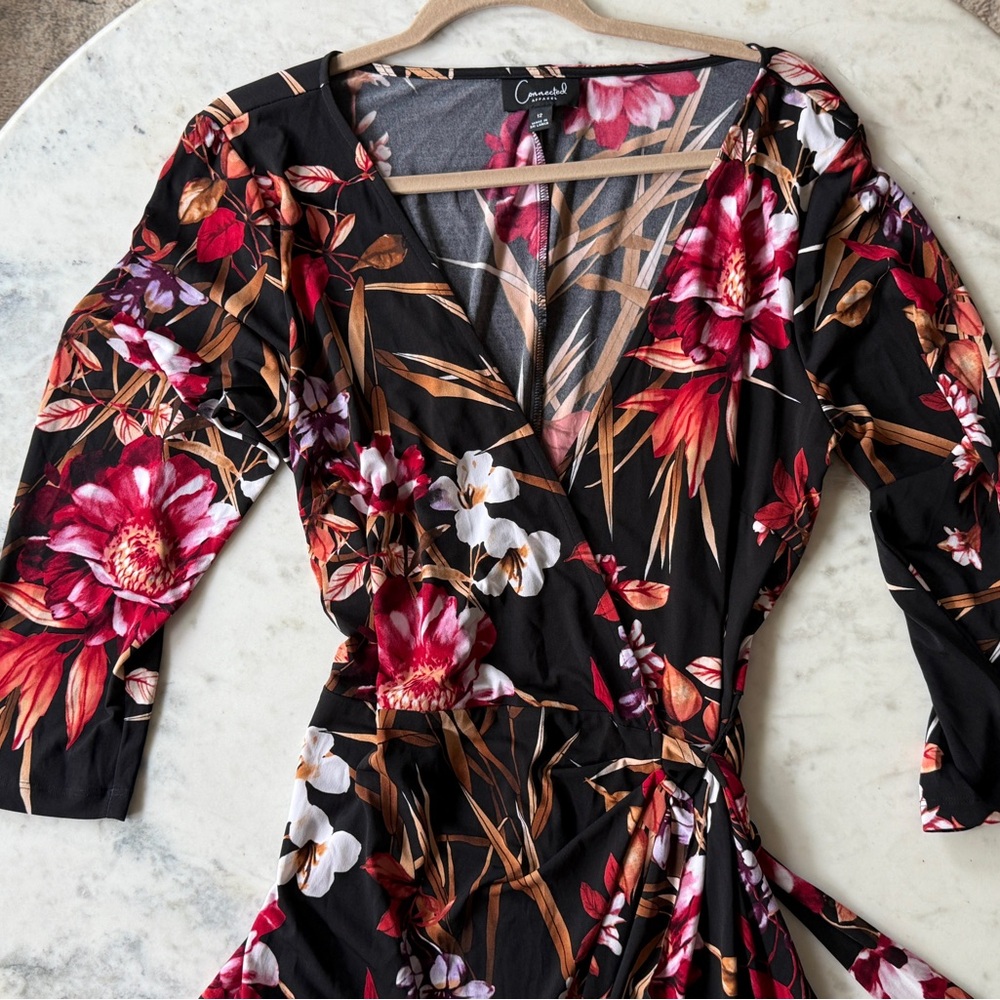 Connected Apparel Black and Red Floral Long Sleeve Dress